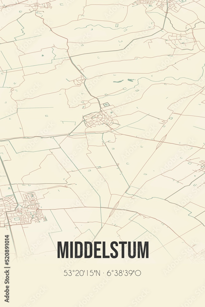 Retro Dutch city map of Middelstum located in Groningen. Vintage street map.