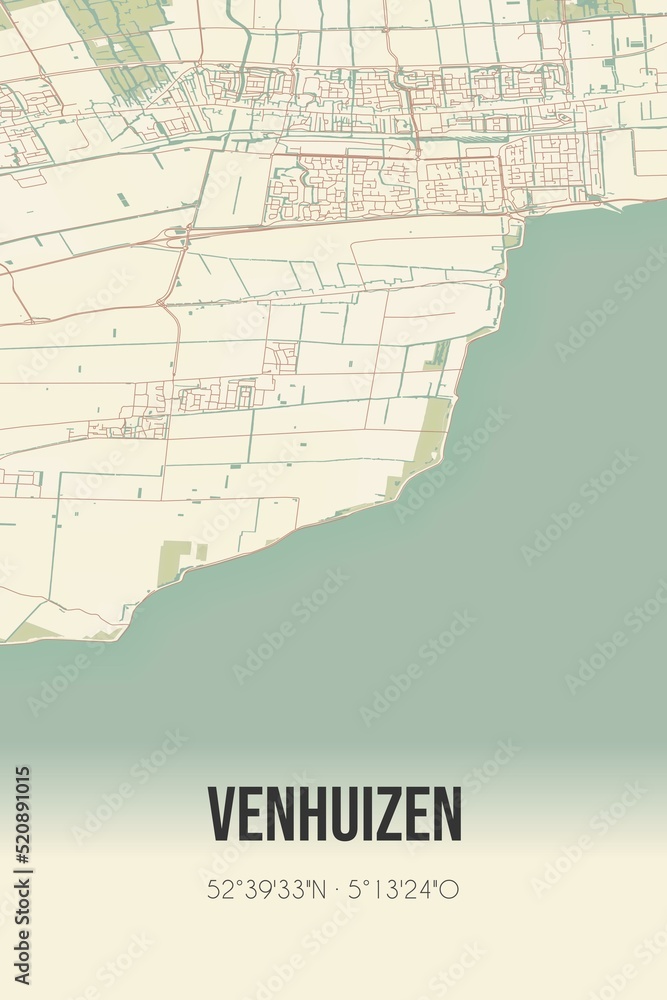 Retro Dutch city map of Venhuizen located in Noord-Holland. Vintage street map.