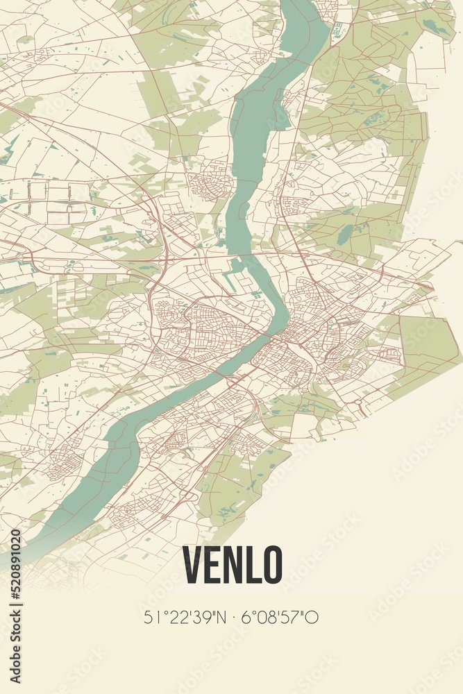 Obraz premium Retro Dutch city map of Venlo located in Limburg. Vintage street map.