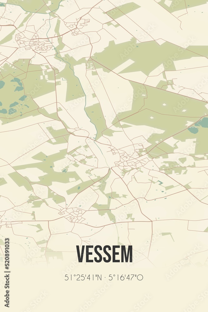 Retro Dutch city map of Vessem located in Noord-Brabant. Vintage street map.