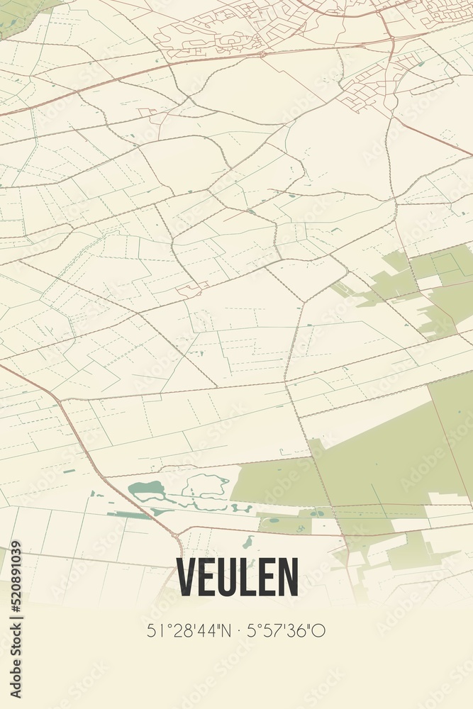 Retro Dutch city map of Veulen located in Limburg. Vintage street map.