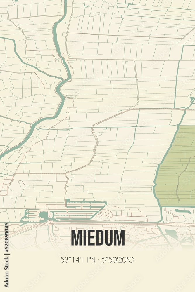 Retro Dutch city map of Miedum located in Fryslan. Vintage street map.