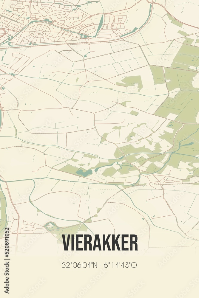 Retro Dutch city map of Vierakker located in Gelderland. Vintage street map.