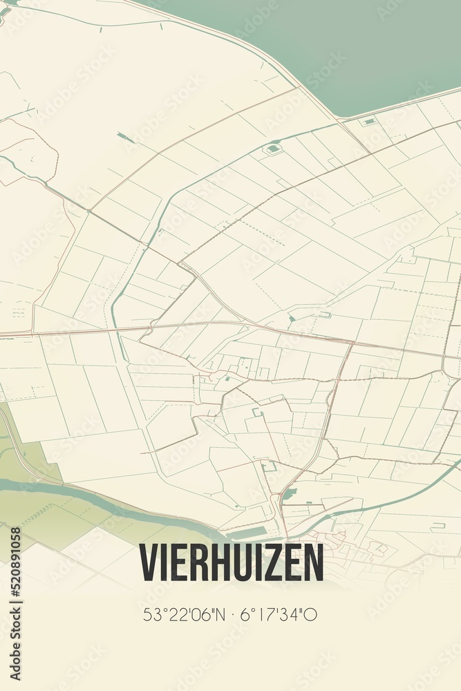 Retro Dutch city map of Vierhuizen located in Groningen. Vintage street map.