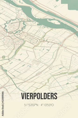 Retro Dutch city map of Vierpolders located in Zuid-Holland. Vintage street map.