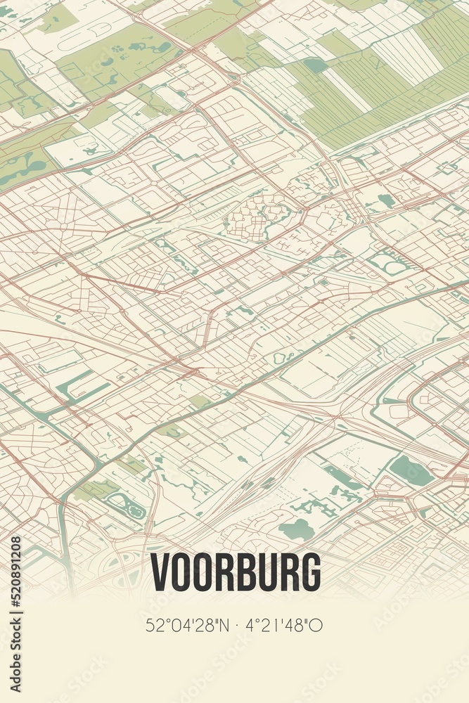 Retro Dutch city map of Voorburg located in Zuid-Holland. Vintage street map.