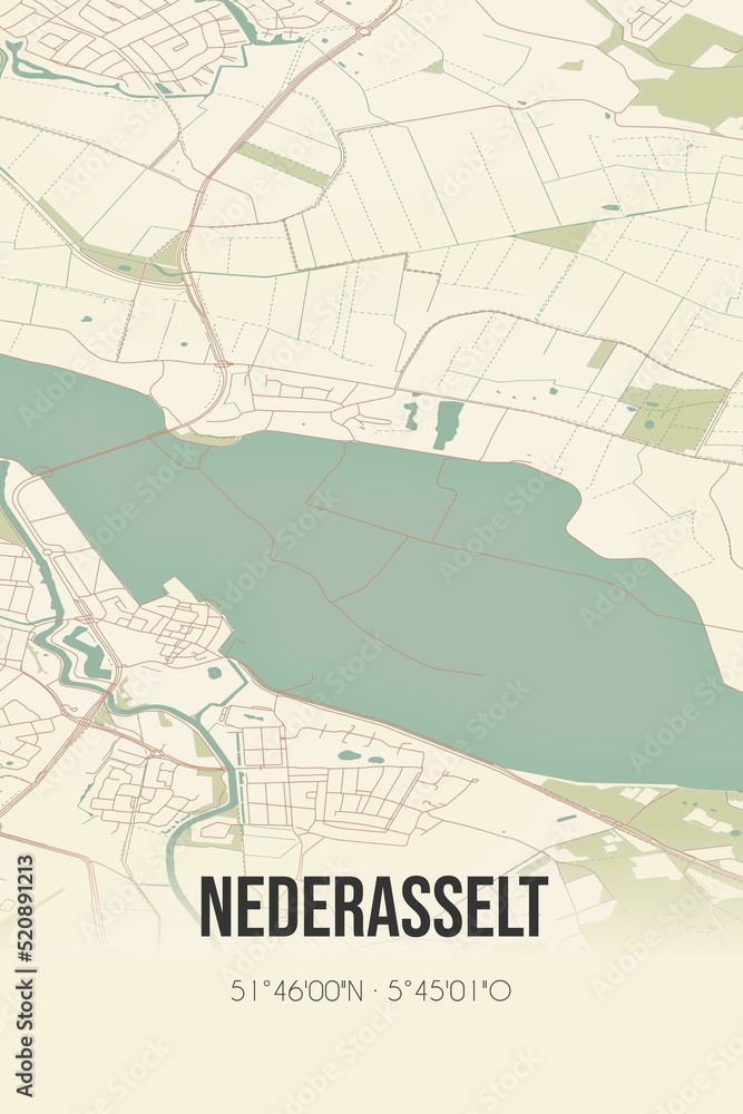 Retro Dutch city map of Nederasselt located in Gelderland. Vintage street map.