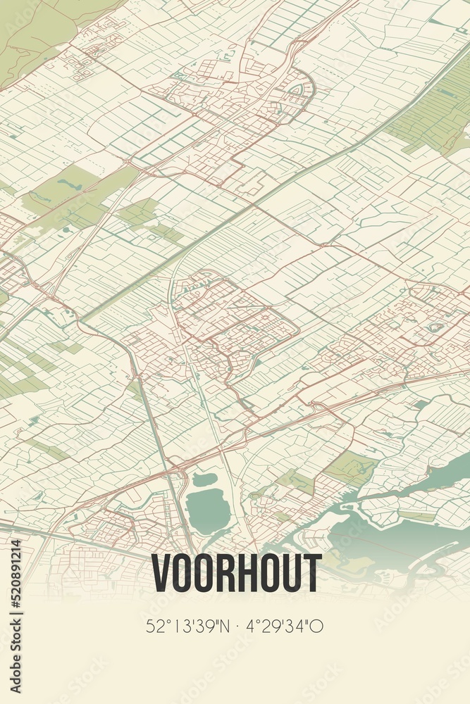 Retro Dutch city map of Voorhout located in Zuid-Holland. Vintage street map.