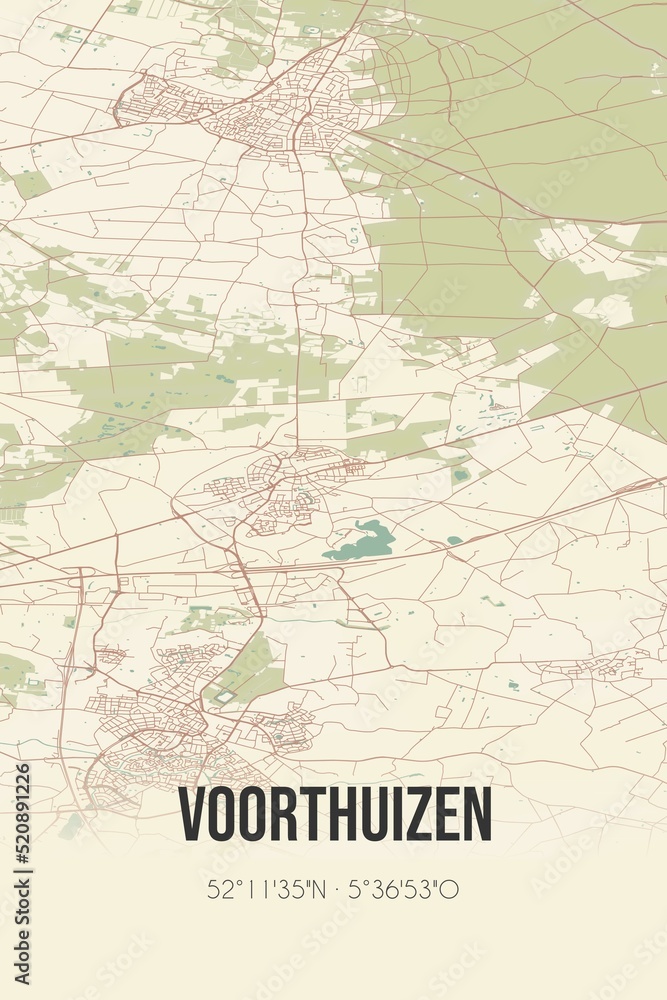 Retro Dutch city map of Voorthuizen located in Gelderland. Vintage street map.