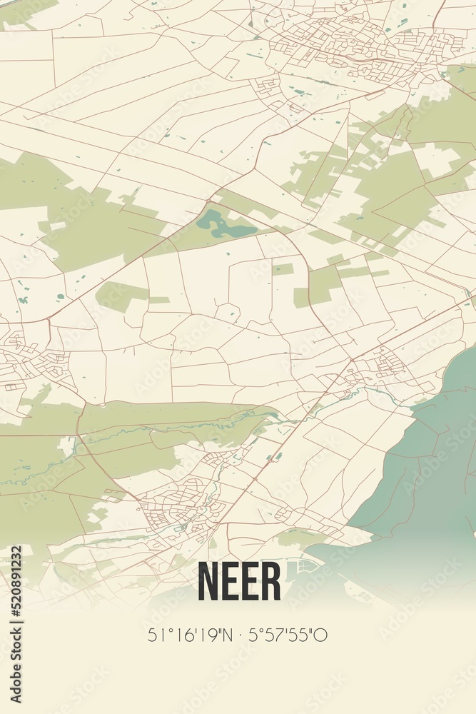 Retro Dutch city map of Neer located in Limburg. Vintage street map.
