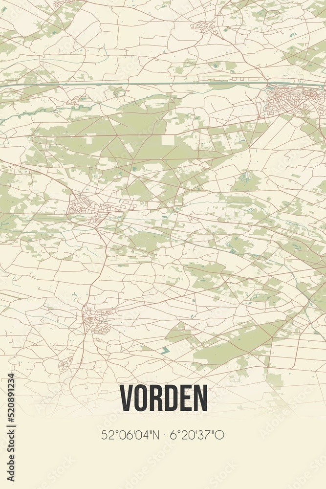 Retro Dutch city map of Vorden located in Gelderland. Vintage street map.