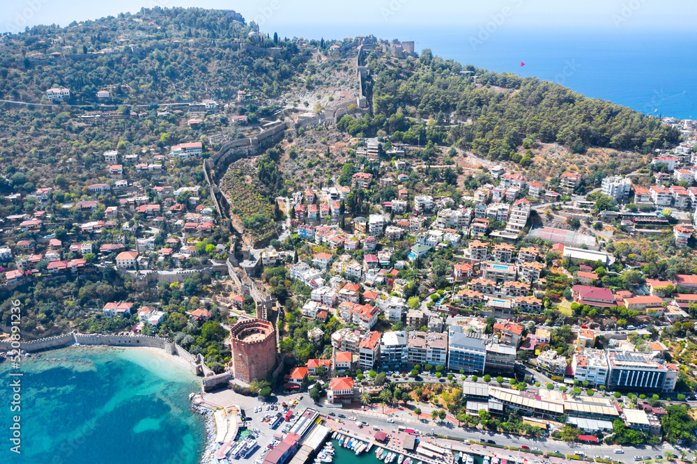 View from above to Alanya and Cleopatra beach. Alanya fortress. Aerial photography. Turkey