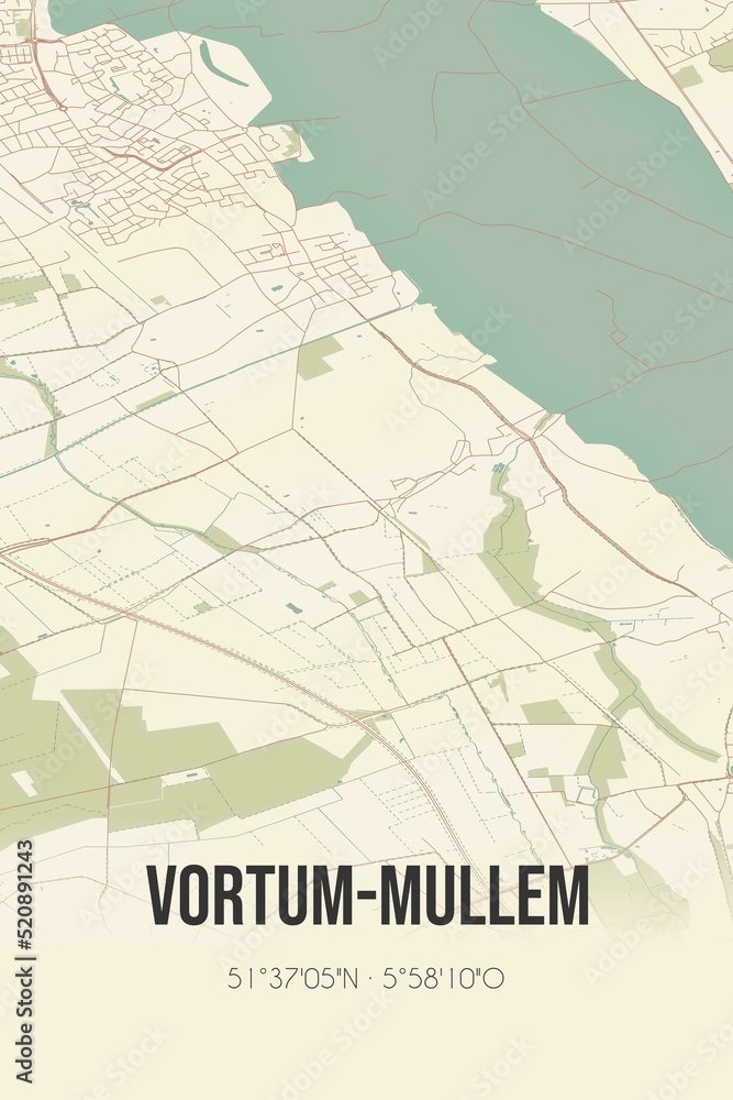 Retro Dutch city map of Vortum-Mullem located in Noord-Brabant. Vintage street map.