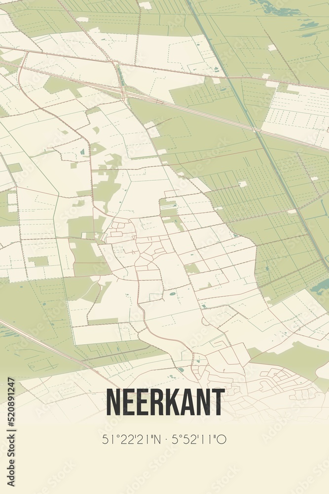 Obraz premium Retro Dutch city map of Neerkant located in Noord-Brabant. Vintage street map.