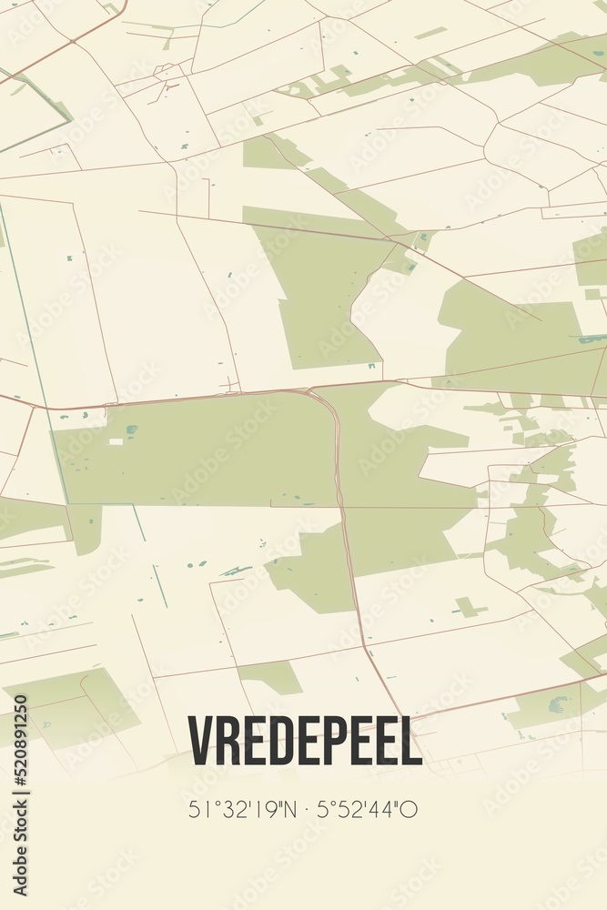 Retro Dutch city map of Vredepeel located in Limburg. Vintage street map.