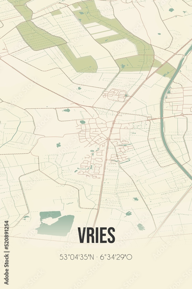 Retro Dutch city map of Vries located in Drenthe. Vintage street map.