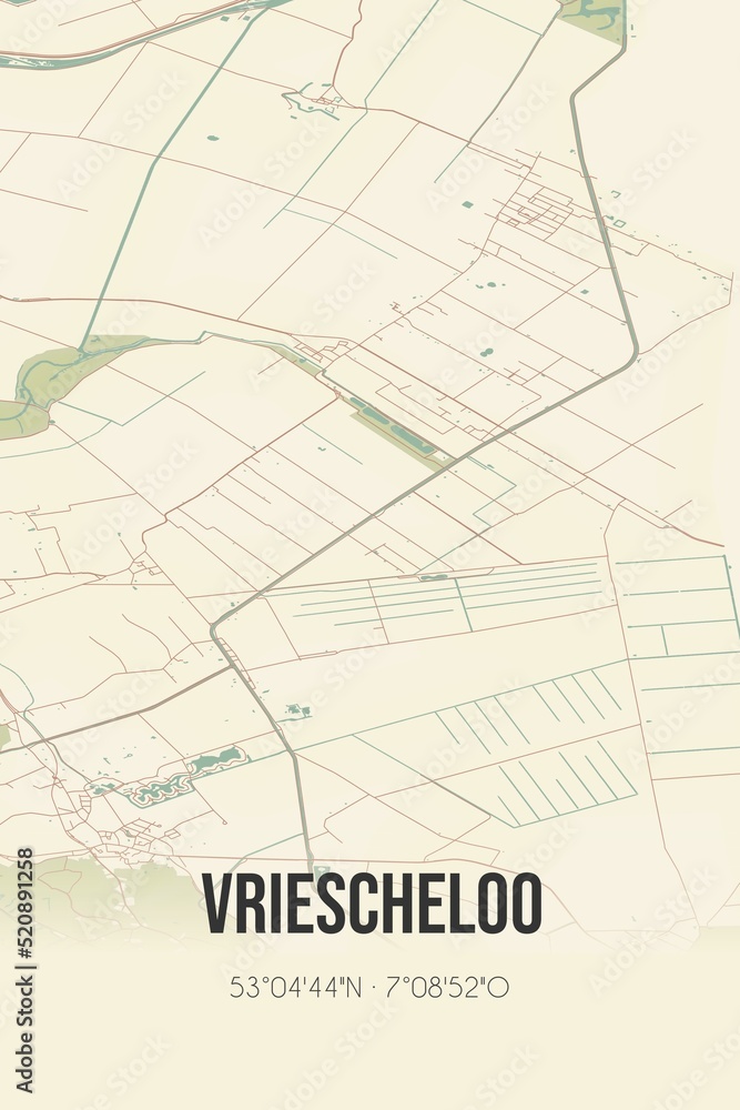 Retro Dutch city map of Vriescheloo located in Groningen. Vintage street map.