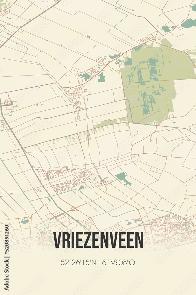 Retro Dutch city map of Vriezenveen located in Overijssel. Vintage street map. Retro Dutch city map of Vriezenveen located in Overijssel. Vintage street map.