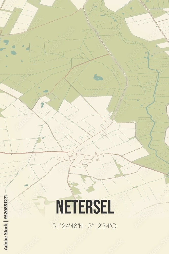 Obraz premium Retro Dutch city map of Netersel located in Noord-Brabant. Vintage street map.