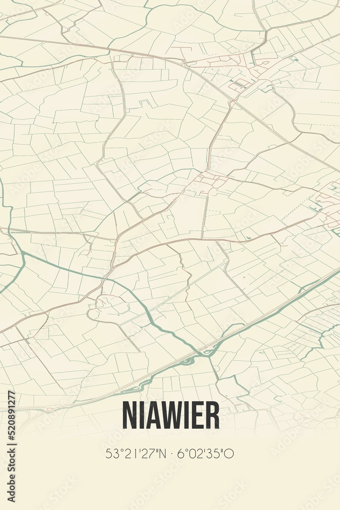 Retro Dutch city map of Niawier located in Fryslan. Vintage street map.