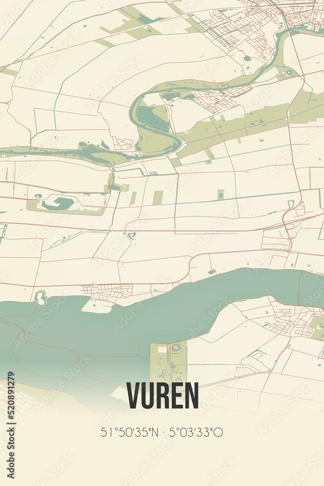 Retro Dutch city map of Vuren located in Gelderland. Vintage street map.