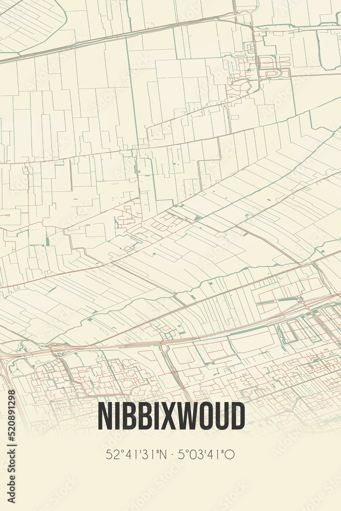 Retro Dutch city map of Nibbixwoud located in Noord-Holland. Vintage street map. Retro Dutch city map of Nibbixwoud located in Noord-Holland. Vintage street map.