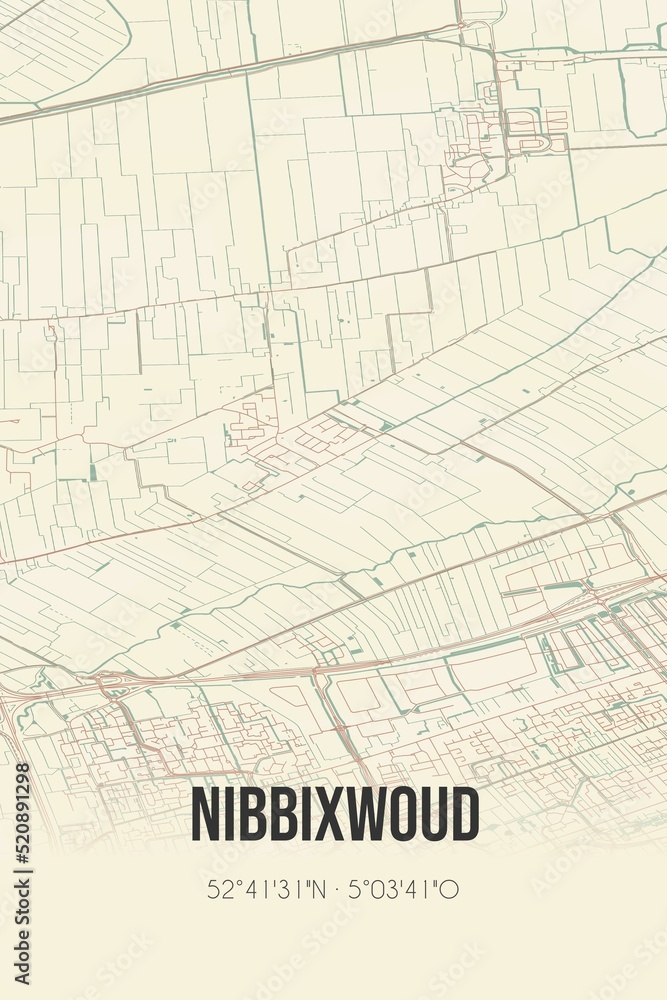 Retro Dutch city map of Nibbixwoud located in Noord-Holland. Vintage street map.