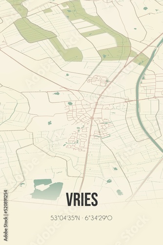 Retro Dutch city map of Vries located in Drenthe. Vintage street map. photo