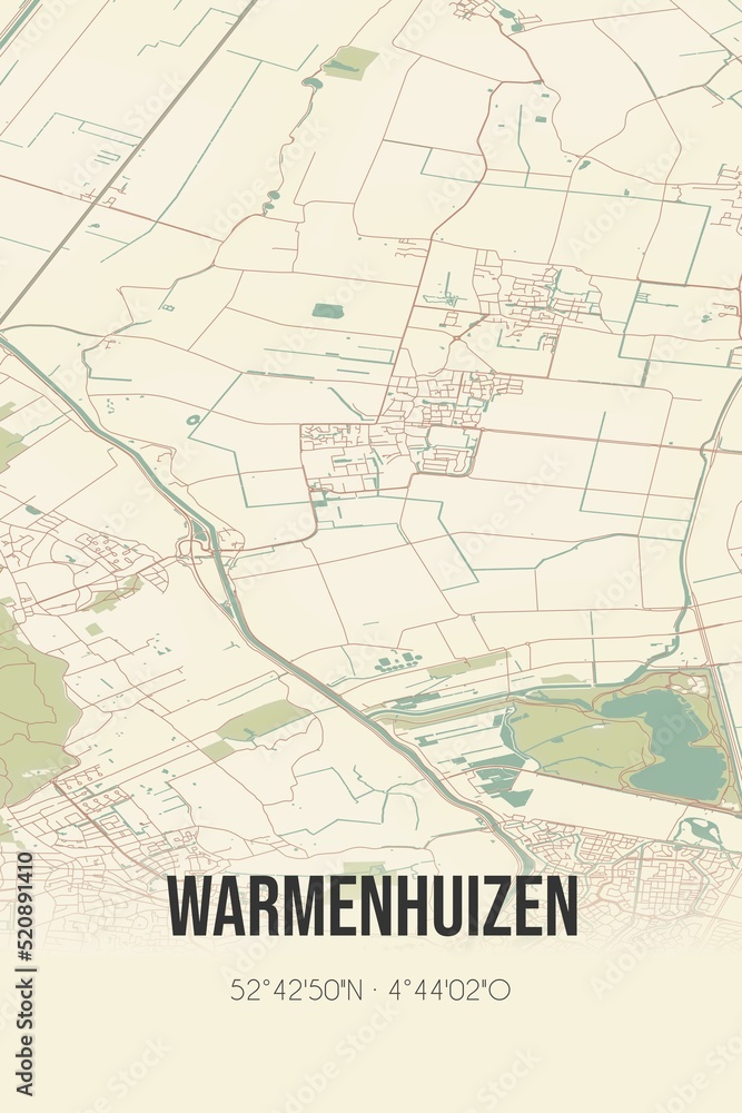 Retro Dutch city map of Warmenhuizen located in Noord-Holland. Vintage street map. Retro Dutch city map of Warmenhuizen located in Noord-Holland. Vintage street map.