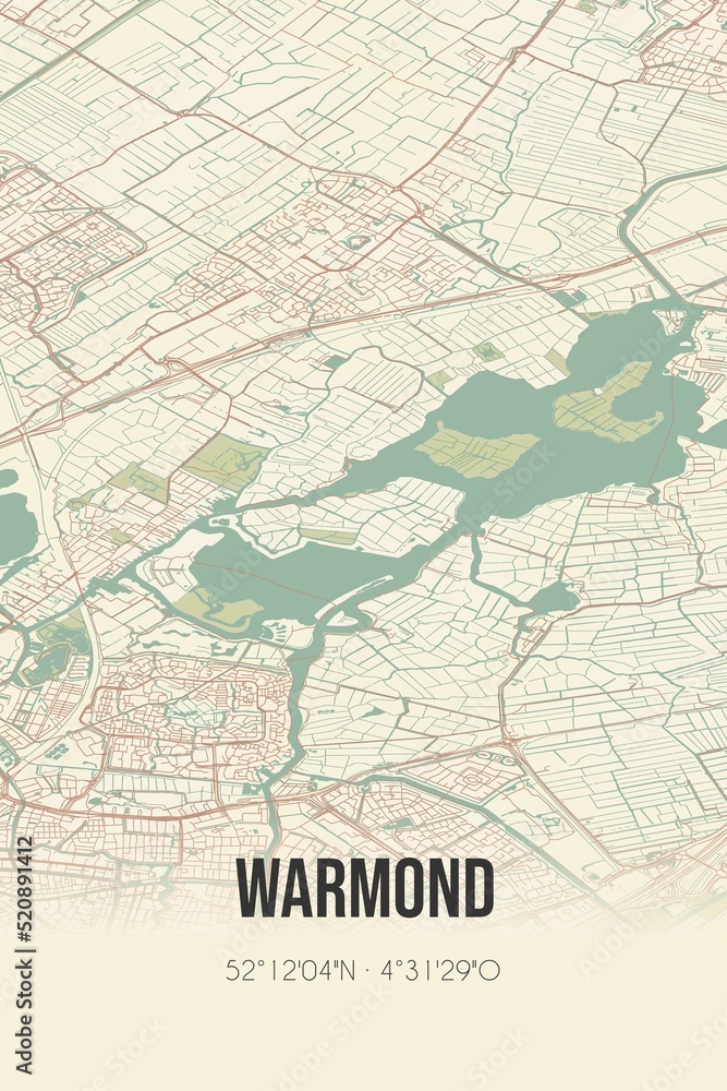 Retro Dutch city map of Warmond located in Zuid-Holland. Vintage street map.
