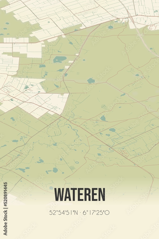 Retro Dutch city map of Wateren located in Drenthe. Vintage street map.