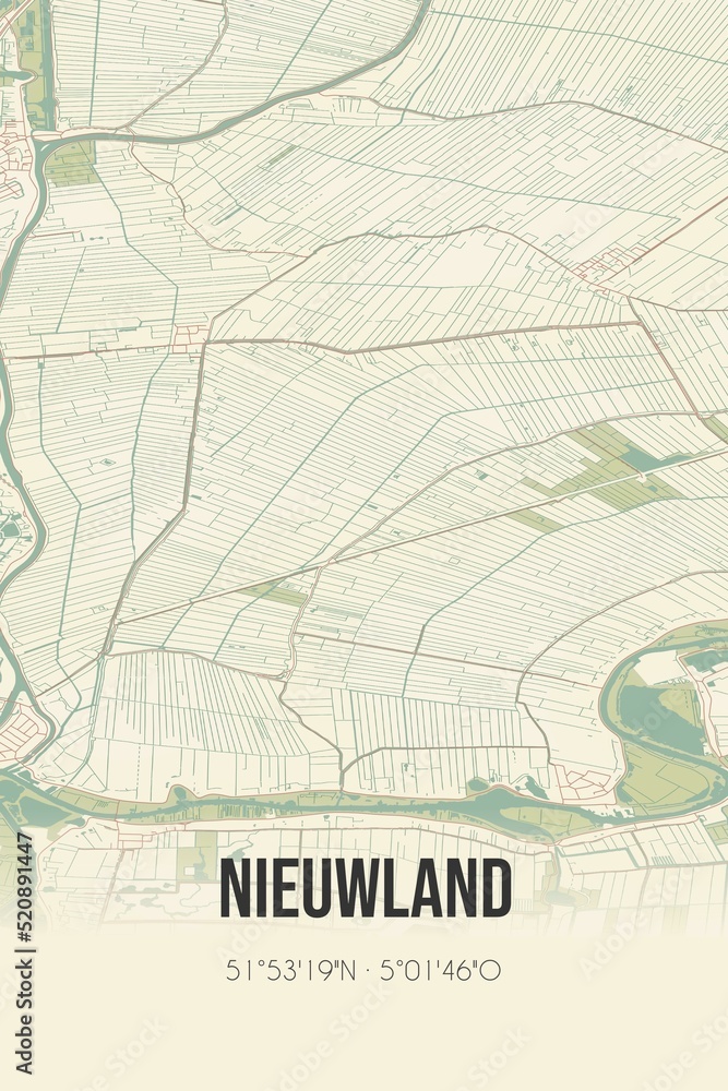 Retro Dutch city map of Nieuwland located in Utrecht. Vintage street map.