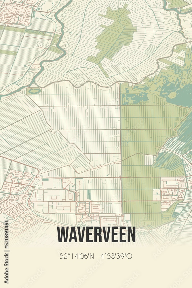 Retro Dutch city map of Waverveen located in Utrecht. Vintage street map.