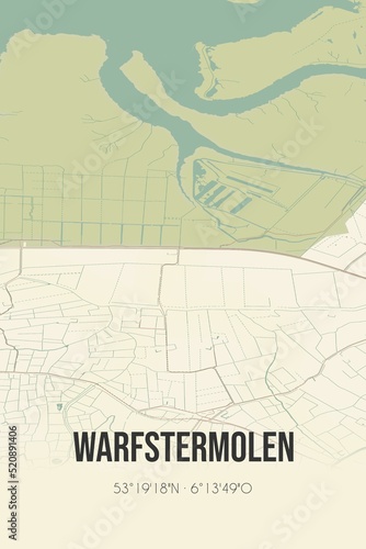 Retro Dutch city map of Warfstermolen located in Fryslan. Vintage street map.