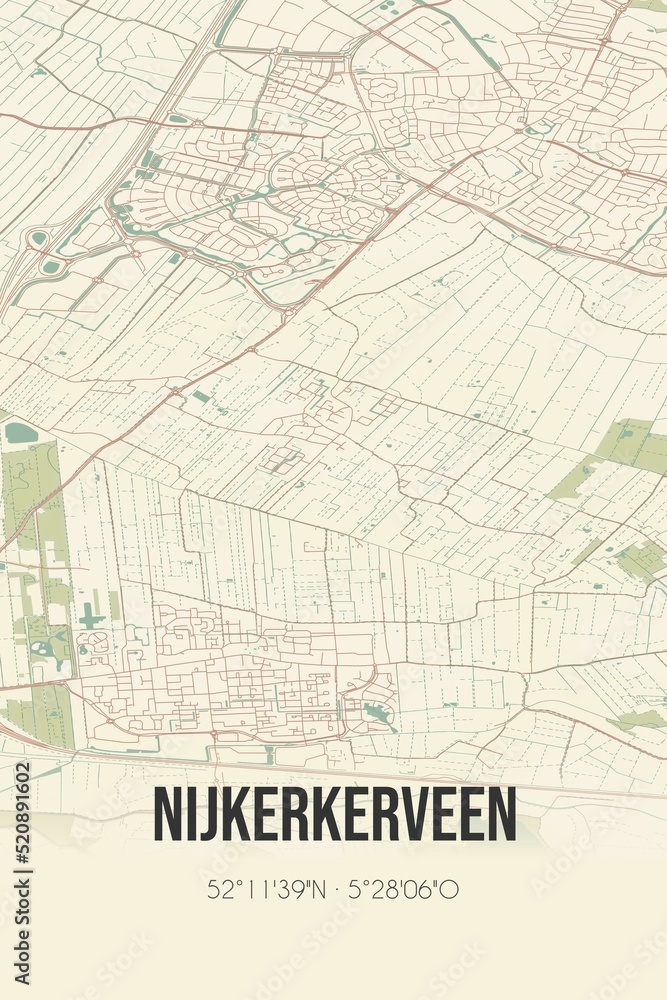 Retro Dutch city map of Nijkerkerveen located in Gelderland. Vintage street map.