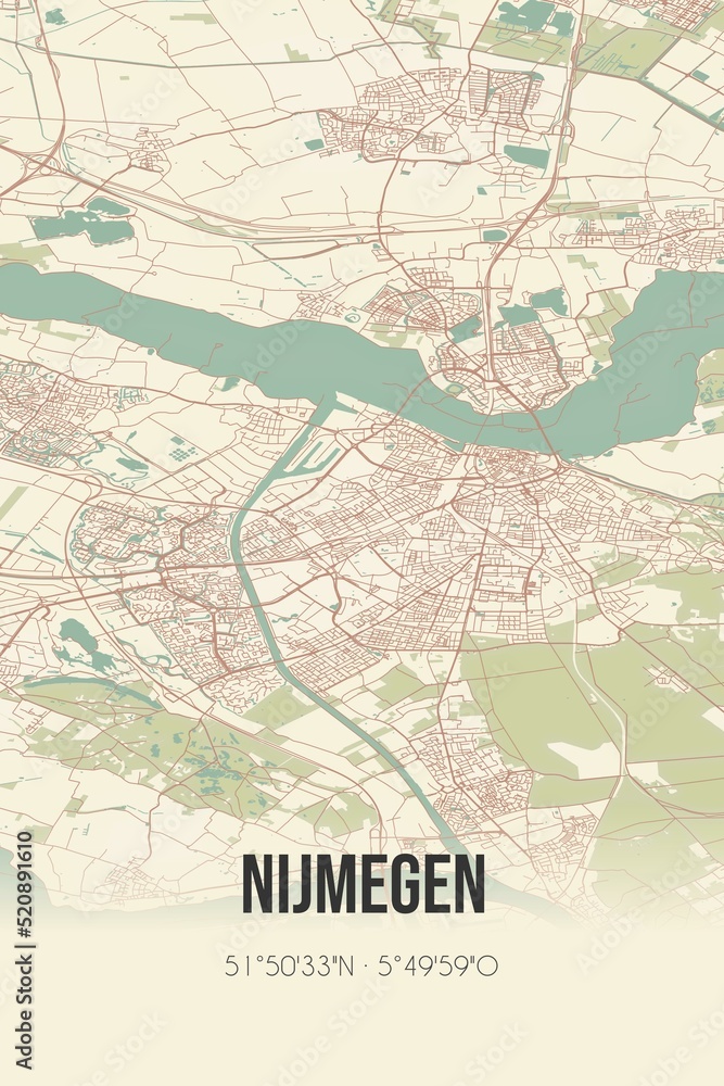 Retro Dutch city map of Nijmegen located in Gelderland. Vintage street map.
