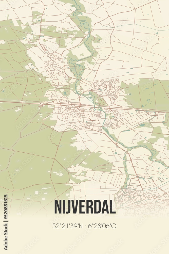 Retro Dutch city map of Nijverdal located in Overijssel. Vintage street map.