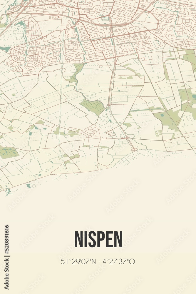 Retro Dutch city map of Nispen located in Noord-Brabant. Vintage street map.