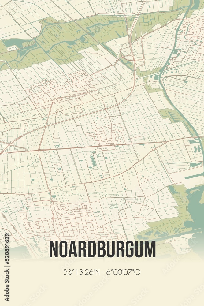 Retro Dutch city map of Noardburgum located in Fryslan. Vintage street map. Retro Dutch city map of Noardburgum located in Fryslan. Vintage street map.