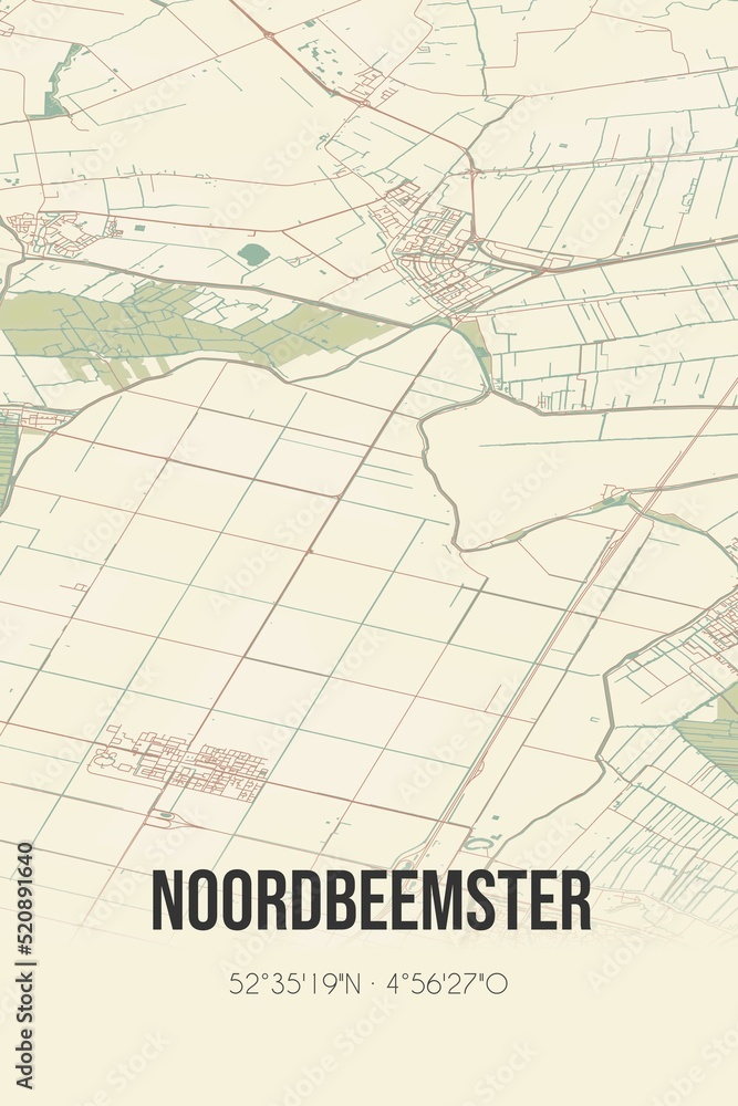 Retro Dutch city map of Noordbeemster located in Noord-Holland. Vintage street map.