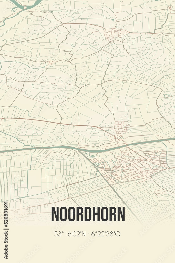 Retro Dutch city map of Noordhorn located in Groningen. Vintage street map.