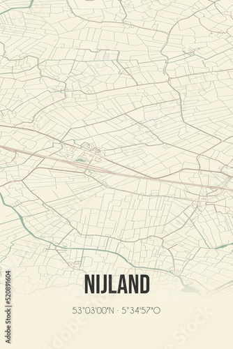 Retro Dutch city map of Nijland located in Fryslan. Vintage street map.
