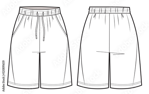 women elastic waist shorts pants vector illustration, midi length