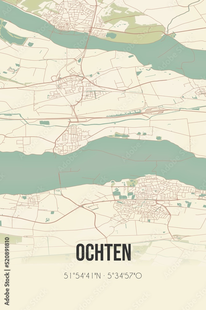 Retro Dutch city map of Ochten located in Gelderland. Vintage street map.