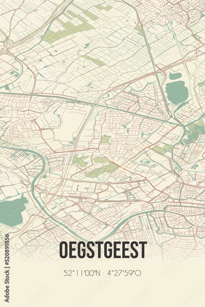 Retro Dutch city map of Oegstgeest located in Zuid-Holland. Vintage street map.