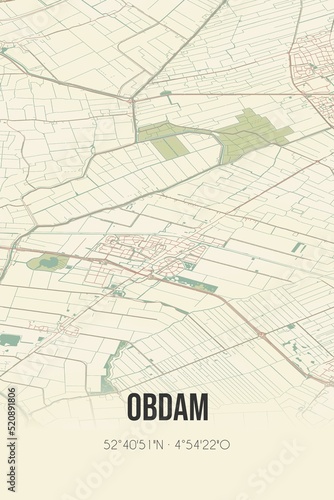 Retro Dutch city map of Obdam located in Noord-Holland. Vintage street map.