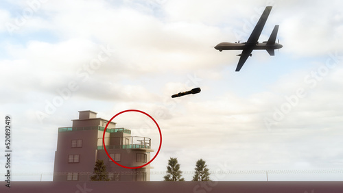 Kabul. U.S. Drone Strike Kills Ayman al-Zawahri, Top Qaeda Leader. Afghanistan. Home, building. Drone with missile, military target. 3d rendering
