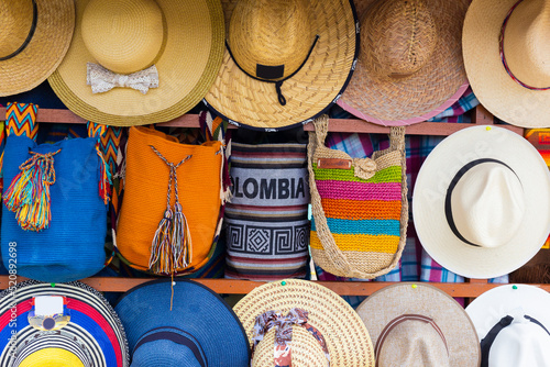 Group of hats and backpacks in the market,for sale to tourists, in Colombia.