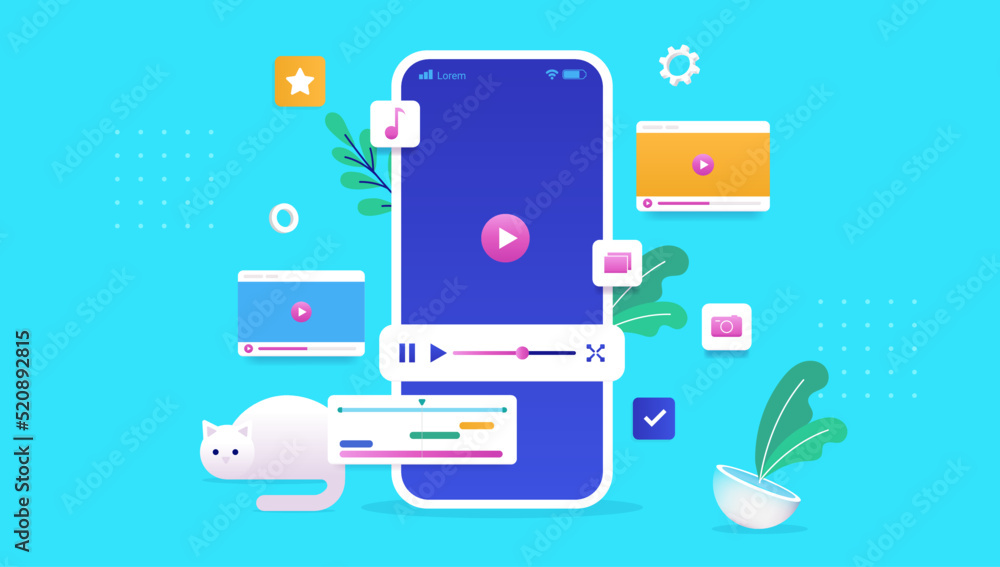 Phone with video editing app - Application for working with videos on smartphone device. Vector illustration with blue background Phone with video editing app - Application for working with videos on smartphone device. Vector illustration with blue background