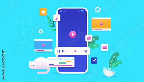 Phone with video editing app - Application for working with videos on smartphone device. Vector illustration with blue background